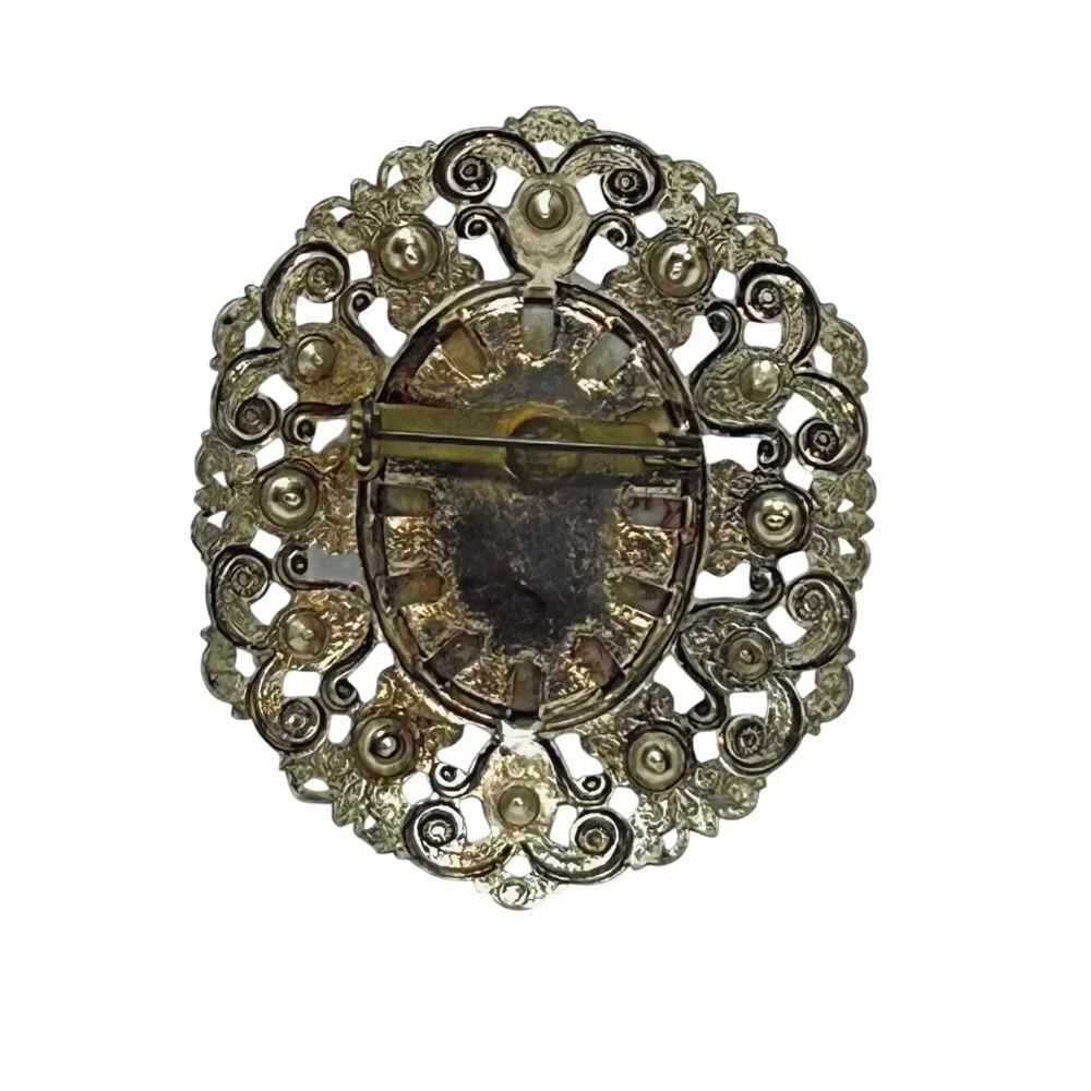 German Silver Tone Porcelain Brooch With Clear Rhinestones & Faux Pearls (5768) - Picture 5 of 6